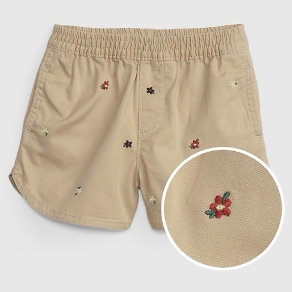 Gap Kids Khaki Floral Embroidery Shorts XS (4-5) Pockets Cotton